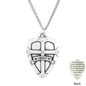 Handcrafted Fine Pewter Wisdom Shield Necklace | James 1:5
