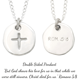 Sterling Silver Cross Disc Pendant Necklace | Romans 5:8
