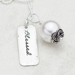 Sterling Silver and Pearl Hand-Stamped Necklace | Blessed
