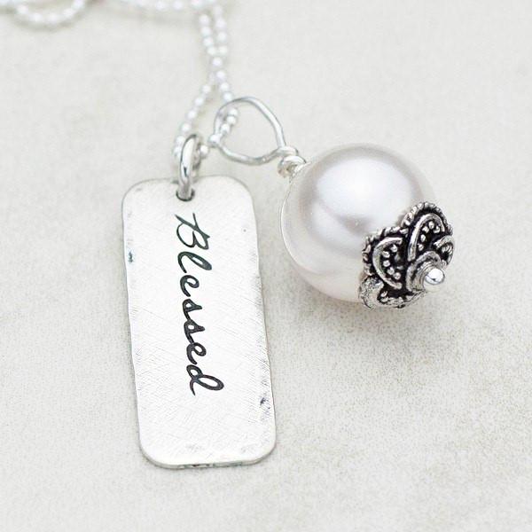 Sterling Silver and Pearl Hand Stamped Blessed Necklace Clothed with Truth