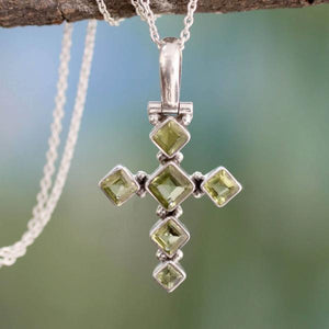 Handcrafted Peridot and Sterling Silver Cross Necklace
