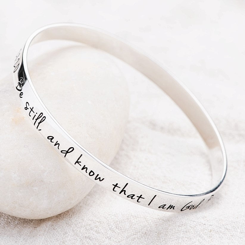 Sterling Silver Scripture Bangle Bracelet | Be Still Psalm 46:10 | With You Always Matthew 28:20