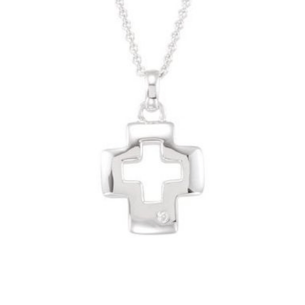 Sterling Silver Diamond Set Square Cross Pendant Necklace