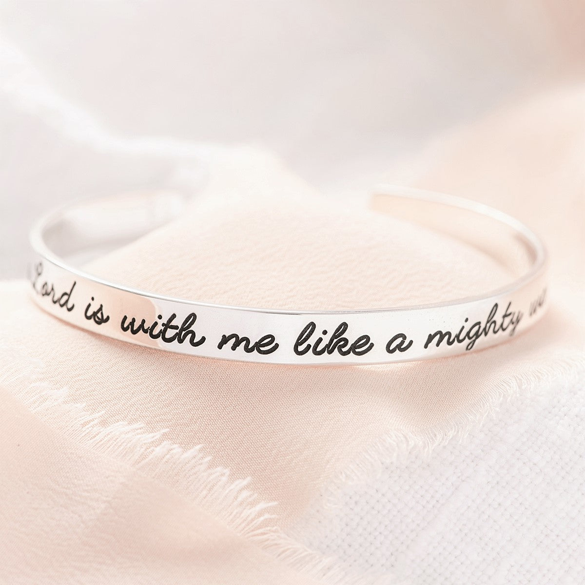 The Lord is With Me Like a Mighty Warrior Engraved Cuff Bracelet | Jeremiah 20:11 | Sterling Silver or 14k Gold
