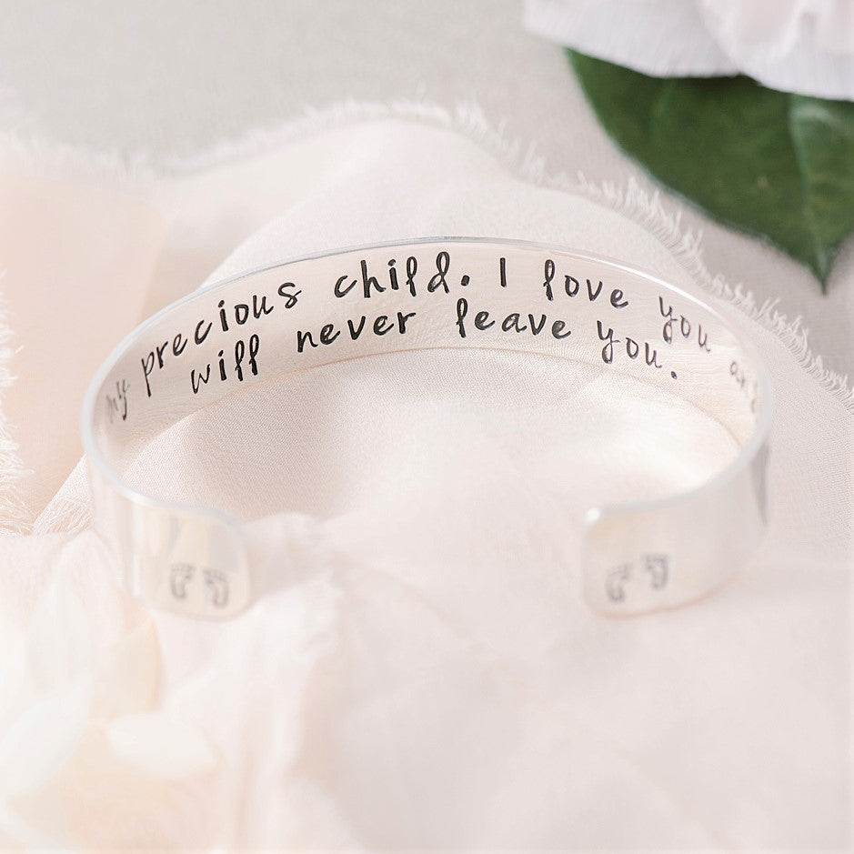 Footprints in the Sand Engraved Cuff Bracelet | Sterling Silver or 14k Gold