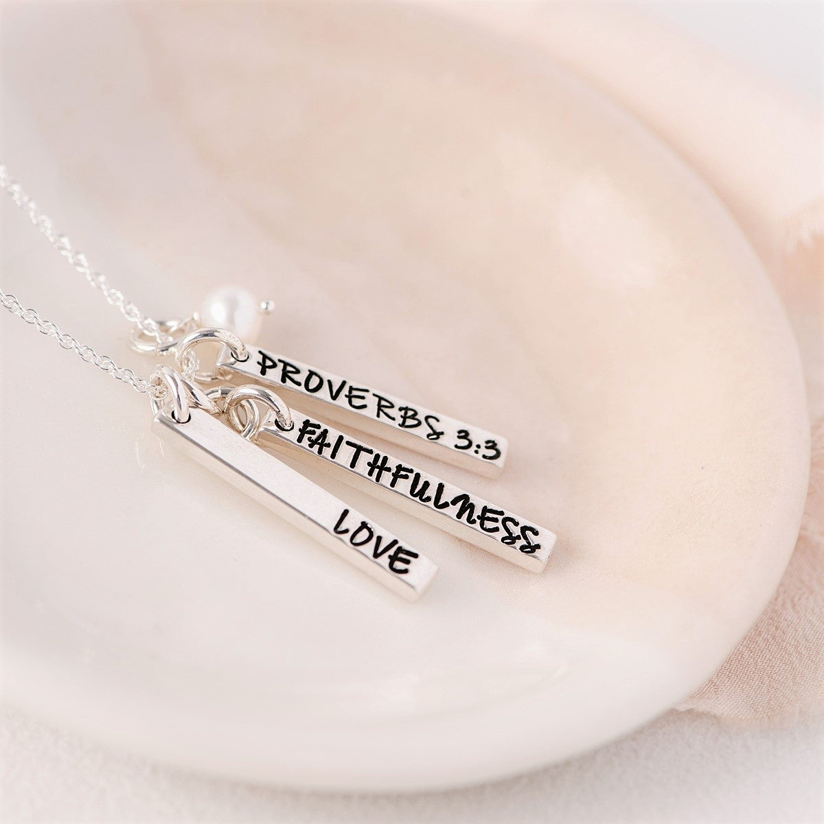 Sterling Silver Love & Faithfulness Vertical Bar Necklace | Proverbs 3:3