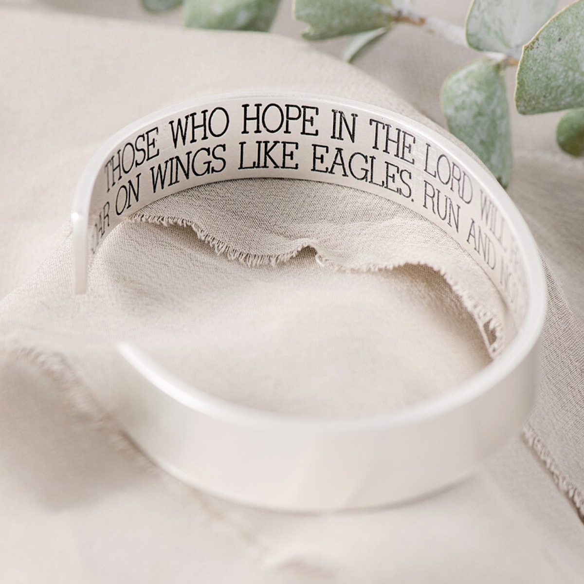 Men's Sterling Silver Engraved Heavy Cuff Bracelet | Wings Like Eagles | Isaiah 40:31