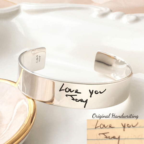 Sterling Silver Custom Engraved Cuff Bracelet Personalized With Your Handwriting | 1/2" Wide