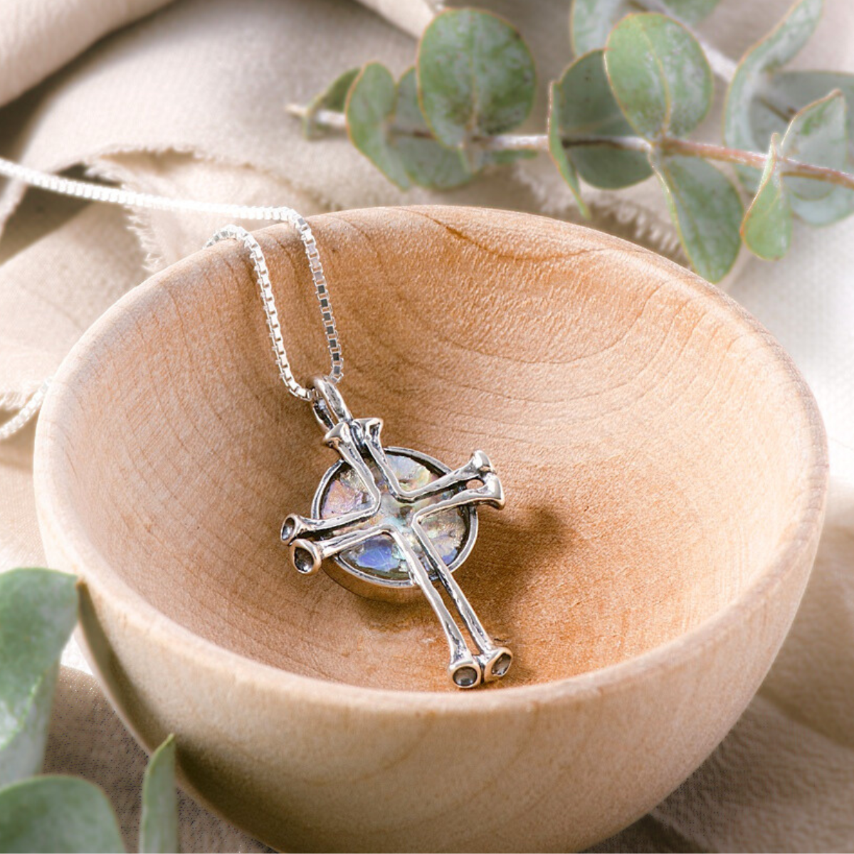 Ancient Roman Glass Necklace with Cut Out Cross Sterling Silver Ancient Roman Glass Necklace with Cut Out Cross Sterling Silver