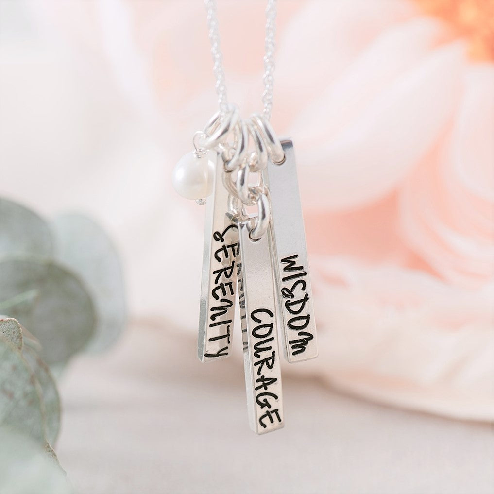 Sterling Silver Serenity Prayer Vertical Bar Necklace | Serenity Courage Wisdom