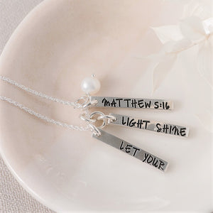 Sterling Silver Let Your Light Shine Necklace | Matthew 5:16 Vertical Bar Pendant