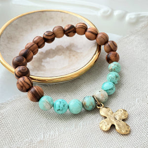 Holy Land Olive Wood & Turquoise Gemstone Bead Bracelet | Engraved Scripture & Custom Options