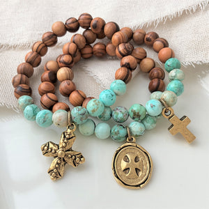 Holy Land Olive Wood & Turquoise Gemstone Bead Bracelet | Engraved Scripture & Custom Options