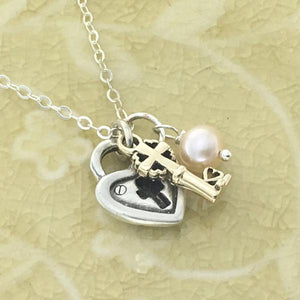Sterling Silver and 14k Gold Heart & Cross Lock & Key Necklace
